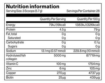 EverGlow nutrition information panel - collagen dosage per serve