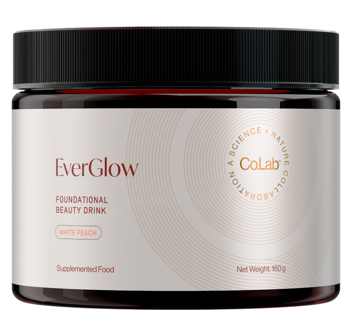 EverGlow marine collagen powder jar, foundational beauty drink with vitamin C and biotin