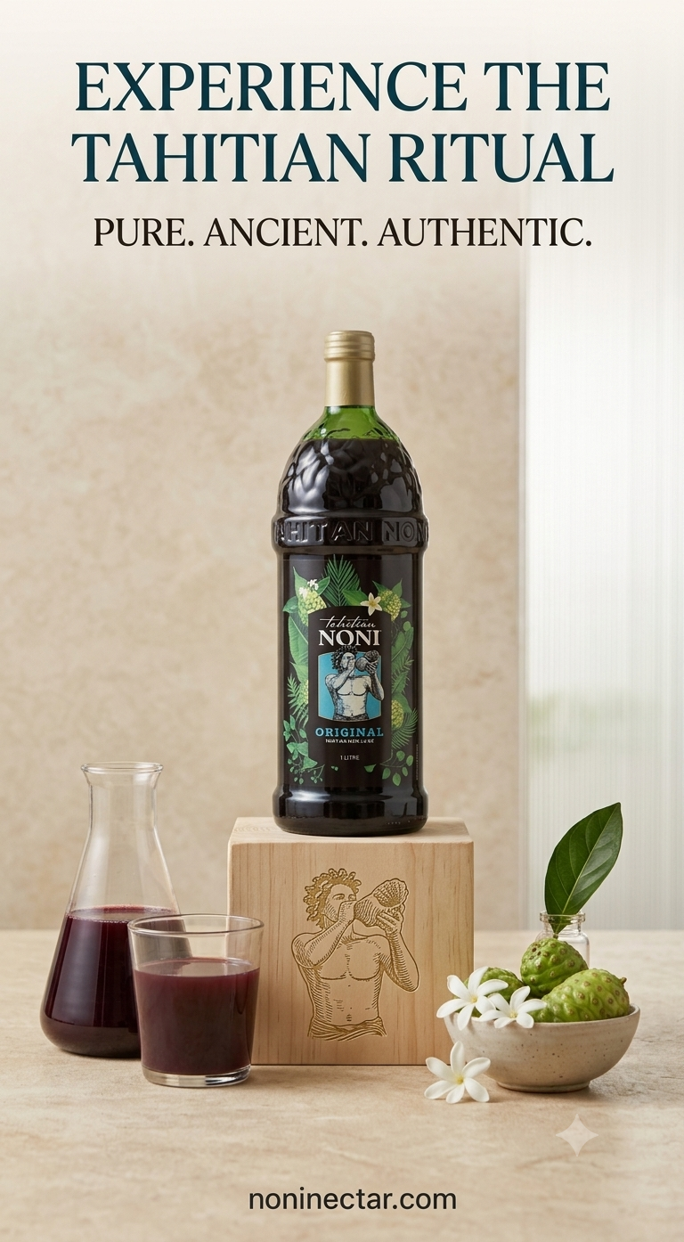 Tahitian Noni ORIGINAL 1 litre bottle with a glass of noni juice and fresh noni fruit